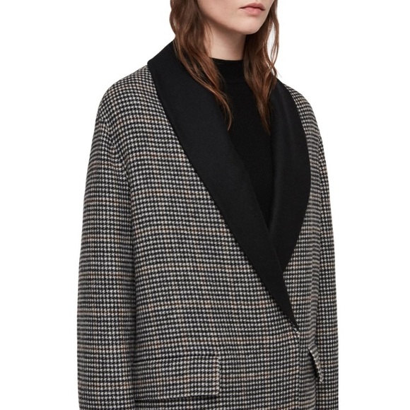 new Allsaints โค๏ธ Paige Wool Coat โค๏ธ Houndstooth Plaid โค๏ธ Black Brown Check - Picture 4 of 15